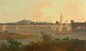 Pinnace sailing down the Ganges past Monghyr Fort Ganges Landscape, Thomas Daniell Pinnace sailing down the Ganges past Monghyr Fort Ganges Landscape, Thomas Daniell