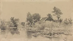 Pond reeds farm background solitary house landscape Pond reeds farm background solitary house landscape