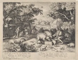 Prodigal son as a swineherd, print maker: Claes Jansz. Visscher II, David Vinckboons Prodigal son as a swineherd, print maker: Claes Jansz. Visscher II, David Vinckboons