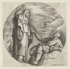 Religion comforts poor old man woman shawl personification Religion comforts poor old man woman shawl personification