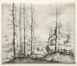 River Landscape Five Bare Spruce Trees Foreground River Landscape Five Bare Spruce Trees Foreground