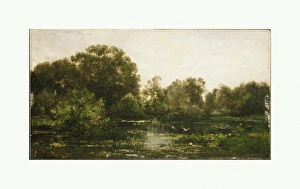 River Landscape Storks 1864 Oil wood 9 1/2 x 17 5/8 River Landscape Storks 1864 Oil wood 9 1/2 x 17 5/8