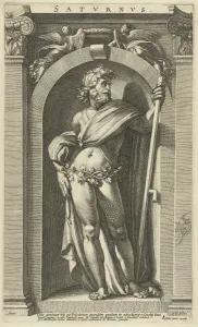 Saturn, standing in a niche, a scythe in his left hand, series of eight prints of Saturn, standing in a niche, a scythe in his left hand, series of eight prints of