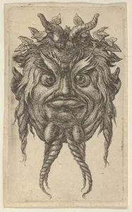 Satyr Mask Horns Twisted Beard Wearing Ivy Wreath Satyr Mask Horns Twisted Beard Wearing Ivy Wreath