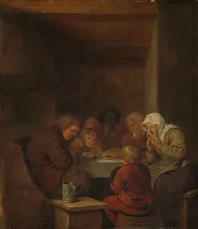 Saying grace prayer meal peasant family praying seated Saying grace prayer meal peasant family praying seated