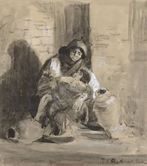 Seated Jewish woman Gaza child two large jugs Seated Jewish woman Gaza child two large jugs