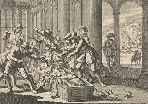 Servants of the Duke of Aumale attempt to shoo away the rats in his coffin, 1591 Servants of the Duke of Aumale attempt to shoo away the rats in his coffin, 1591
