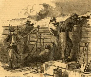 Sharpshooters 18th Corps, 1864 July, 1 print wood engraving, 14.6 x 12.6 cm. (sheet) Sharpshooters 18th Corps, 1864 July, 1 print wood engraving, 14.6 x 12.6 cm. (sheet)