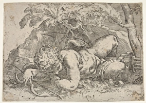 Sleeping Cupid outstretched right arm rests bow Sleeping Cupid outstretched right arm rests bow