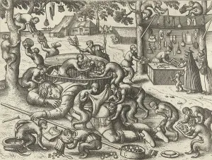 Sleeping peddler robbed by monkeys, Pieter van der Borcht I, Pieter Brueghel I, after Sleeping peddler robbed by monkeys, Pieter van der Borcht I, Pieter Brueghel I, after
