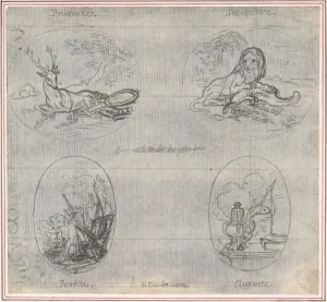 Four Small Allegories 18th century Pen black ink Four Small Allegories 18th century Pen black ink