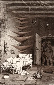 THE SPARE BED AT THE CROCODILE, BY GUSTAVE DORE. a scene from the Legend of Croquemitaine THE SPARE BED AT THE CROCODILE, BY GUSTAVE DORE. a scene from the Legend of Croquemitaine