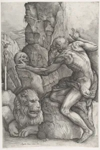 St Jerome Meditating Skull ca 1550-60 Etching St Jerome Meditating Skull ca 1550-60 Etching
