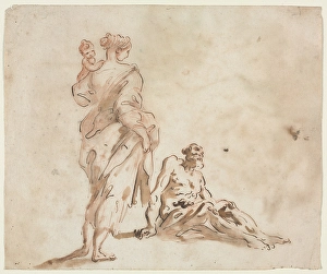 A Standing Woman Holding Child Seated Male Feet A Standing Woman Holding Child Seated Male Feet
