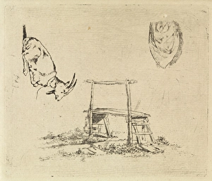 Study Sheet with reclining goat, a wooden bench and a drapery, Johannes Huibert Prins Study Sheet with reclining goat, a wooden bench and a drapery, Johannes Huibert Prins