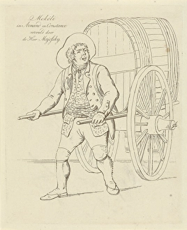 Theo Majofski in the role of Mekeli Mekeli in Armand and Constance (...) (title on object) Actors and actresses in different roles (series title), Theo Majofski actor as Mekeli, dressed pulling a handcart as a countryman. Print from a series of ten with Dutch actors and actresses in different roles, actor (on the stage), historical persons (portraits and scenes from life) (all child or portrait history': mythological portrait, allegorical portrait, Role portrait ?t, etc.), Theo Majofski, Johannes Jelgerhuis, Amsterdam, 1805 - 1836, paper, etching, h 212 mm ? w 171 mm Theo Majofski role MekA li MekA li Armand Constance