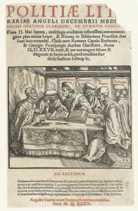 Title print six scholars sitting around a table and text in letterpress, Hans Burgkmair Title print six scholars sitting around a table and text in letterpress, Hans Burgkmair