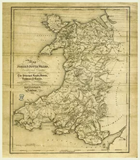 A Topographical Dictionary of Wales, map of North and South Wales, 19th century engraving