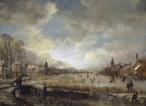 Two towns frozen river golfers ice skaters 1660/65 Two towns frozen river golfers ice skaters 1660/65