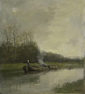 Trekvaart Two barges shore trekvaart woman helm Trekvaart Two barges shore trekvaart woman helm