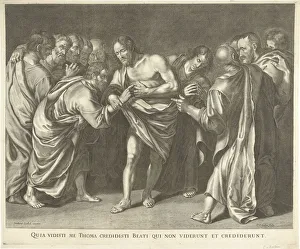 Unbelieving Thomas touches Christs wound Quia vidisti me Thoma credidisti beati qui Unbelieving Thomas touches Christs wound Quia vidisti me Thoma credidisti beati qui