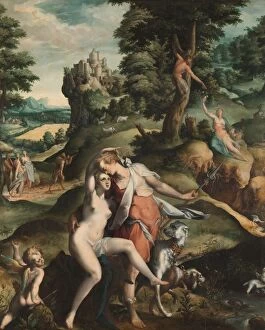 Bartholomeus Spranger Gallery: Venus Adonis two hunting dogs says goodbye naked Venus
