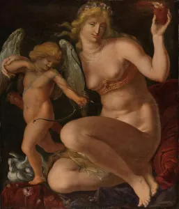Venus Amor sitting naked rug floor holds burning heart Venus Amor sitting naked rug floor holds burning heart