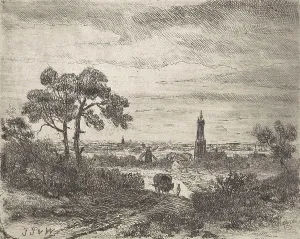 View of a city, Rhenen (?), With a church and a mill, leading a horse-drawn carriage View of a city, Rhenen (?), With a church and a mill, leading a horse-drawn carriage