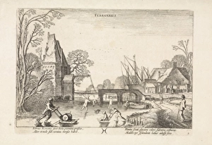 Winter Landscape with Skaters and figures with sleds on the ice, depicting the month Winter Landscape with Skaters and figures with sleds on the ice, depicting the month