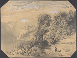 Woman dog mountain lake early mid-19th century Woman dog mountain lake early mid-19th century