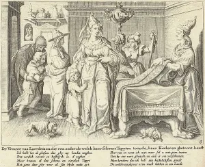 A woman from Lacedemon shows her children to a carpet weaver Zacharias Dolendo, Jacob A woman from Lacedemon shows her children to a carpet weaver Zacharias Dolendo, Jacob
