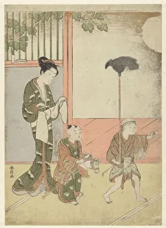 Woman playing boys kimono pattern snowy bamboo Woman playing boys kimono pattern snowy bamboo