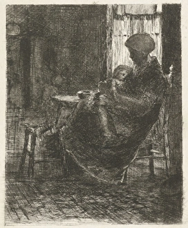 Woman with a sleeping child on her lap asleep near a window, Bernardus Johannes Blommers Woman with a sleeping child on her lap asleep near a window, Bernardus Johannes Blommers