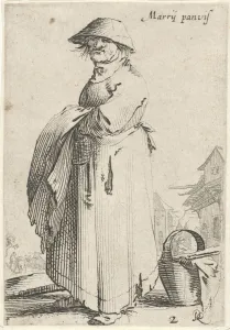 Woman with towel on her arm behind her basket on the ground, Salomon Savery, 1630 - 1665 Woman with towel on her arm behind her basket on the ground, Salomon Savery, 1630 - 1665