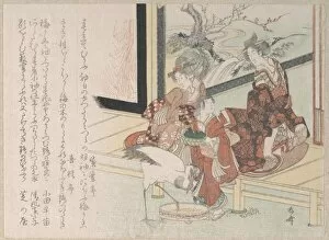 Two Women Girl Feeding Crane Verandah 19th century