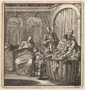 Four women next to a laundry basket, Jan Luyken, wed. Pieter Arentsz & Cornelis van der Four women next to a laundry basket, Jan Luyken, wed. Pieter Arentsz & Cornelis van der