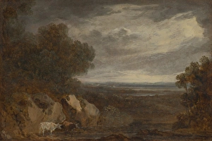 Wooded River Landscape Cattle 1826 Oil paper mounted Wooded River Landscape Cattle 1826 Oil paper mounted