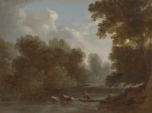 Wooded River Landscape Fisherman Boat 1826 Oil Wooded River Landscape Fisherman Boat 1826 Oil