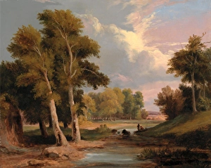 A Wooded River Landscape with Fishermen Signed and dated in black paint, lower right A Wooded River Landscape with Fishermen Signed and dated in black paint, lower right
