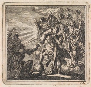 Wrestling Party between personifications of Equanimity and self-will, print maker: Jan Luyken Wrestling Party between personifications of Equanimity and self-will, print maker: Jan Luyken