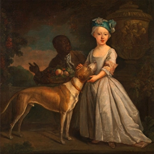 A Young Girl with a Dog and a Page Signed in lower right: B A Young Girl with a Dog and a Page Signed in lower right: B