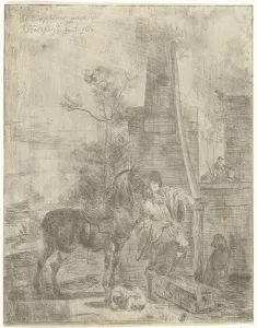 Young man horse monument young man lead two dogs Young man horse monument young man lead two dogs