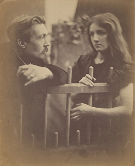 Young man woman leaning picket fence Julia Margaret Young man woman leaning picket fence Julia Margaret