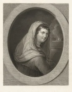 Young woman with a veil, in the background a fire, Lambertus Antonius Claessens Young woman with a veil, in the background a fire, Lambertus Antonius Claessens