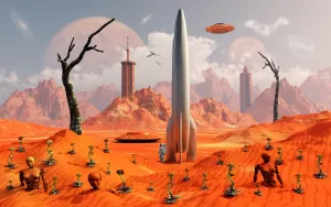 Flying Saucers Gallery: A 1950s style scene showing a rocketship on a red planet