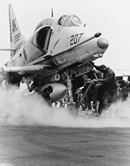An A-4F Skyhawk on the steam catapult aboard USS Intrepid, Vietnam War, 1968 An A-4F Skyhawk on the steam catapult aboard USS Intrepid, Vietnam War, 1968