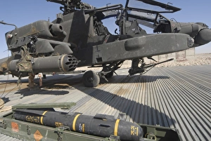 An AGM-114 Hellfire missile is ready to be loaded onto an AH-64 Apache An AGM-114 Hellfire missile is ready to be loaded onto an AH-64 Apache