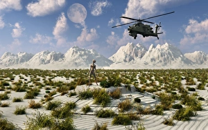 Flying Saucers Gallery: An AH-64 Apache Black Ops helicopter flying to a UFO landing site