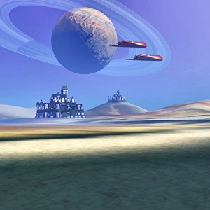 Flying Saucers Gallery: Two aircraft guard this alien planet