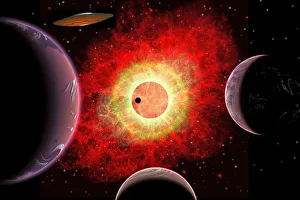 Flying Saucers Gallery: An alien flying saucer travels amongst alien worlds
